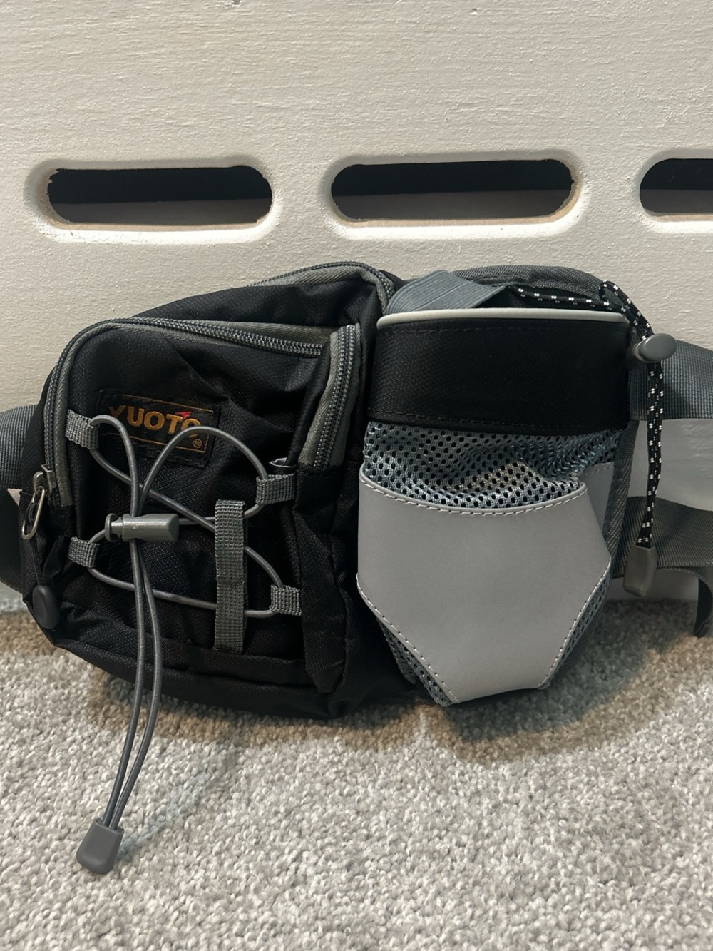 Women’s Black & Gray Crossbody Waist Bag with Bottle Holder